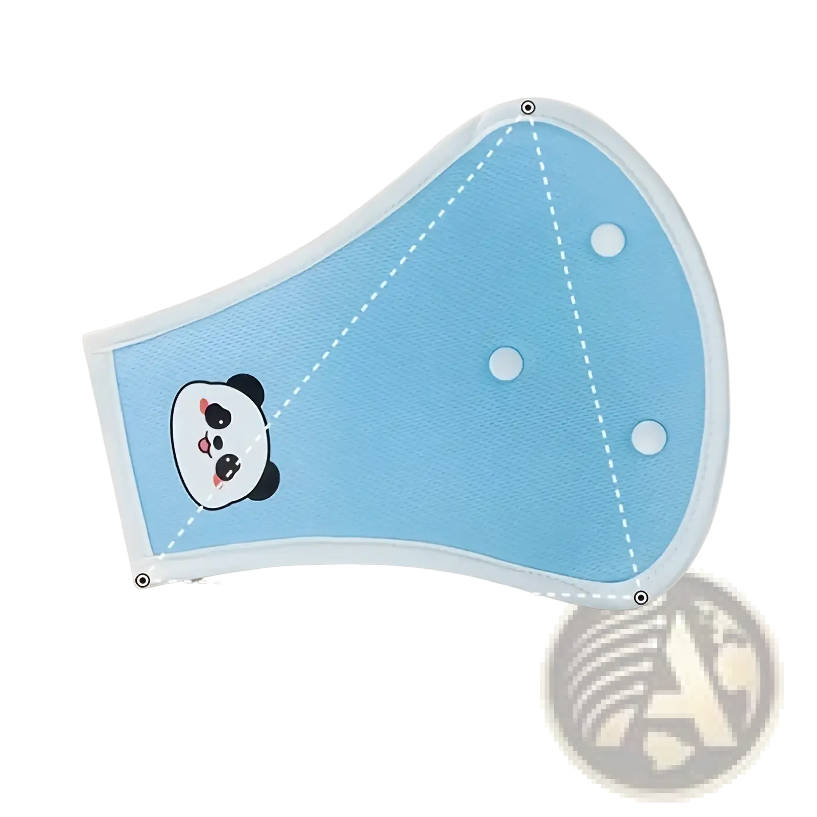 Light blue panda-themed triangular kids car seat belt cover and neck support pillow with white border and three attachment points