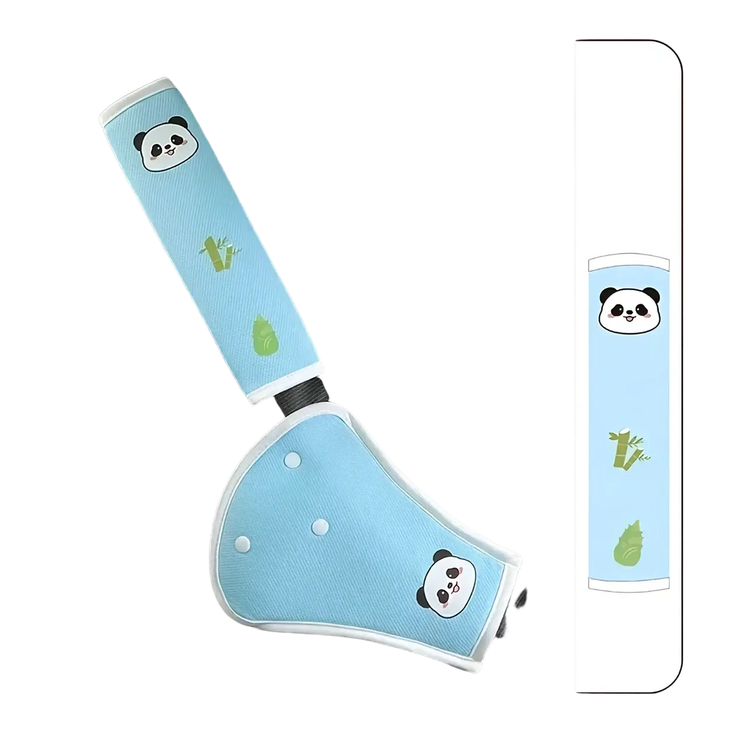 Light blue panda-themed kids car seat belt cover with bamboo and leaf designs for neck support and safety