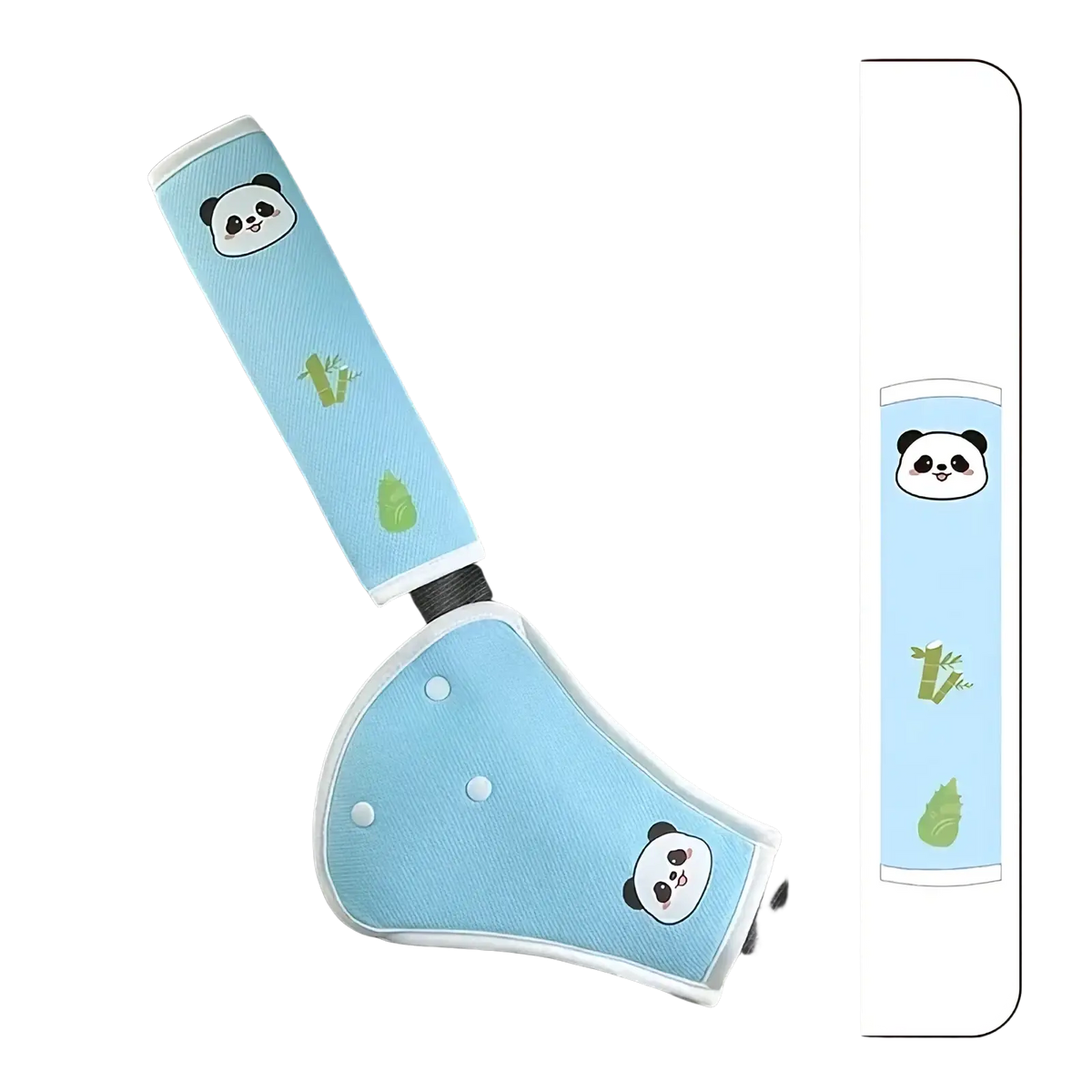Light blue panda-themed kids car seat belt cover with bamboo and leaf designs for neck support and safety