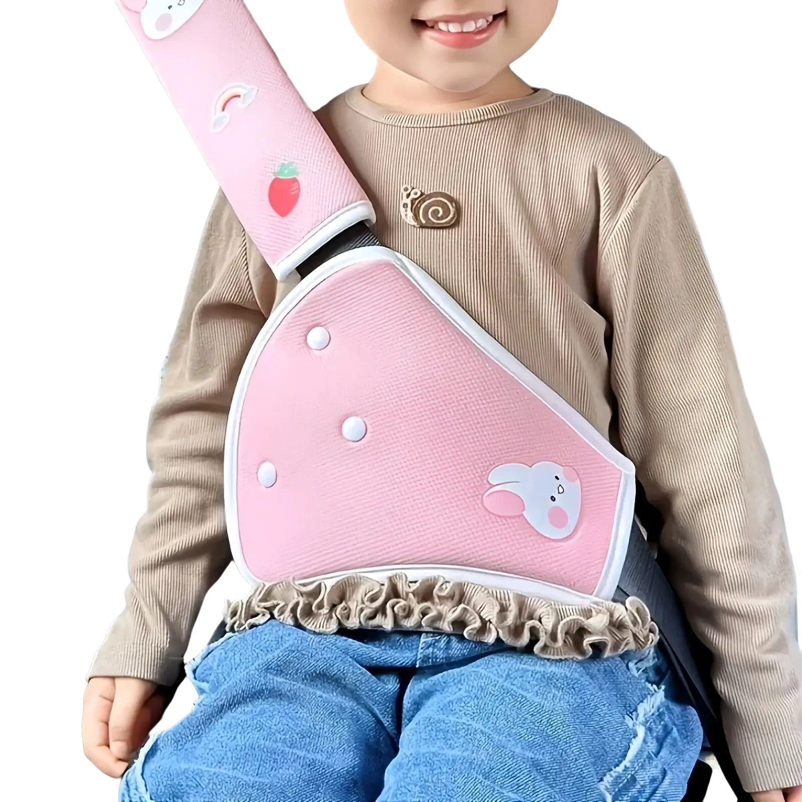 Pink kids car seat belt cover with cartoon designs and ruffled edge paired with panda neck support pillow