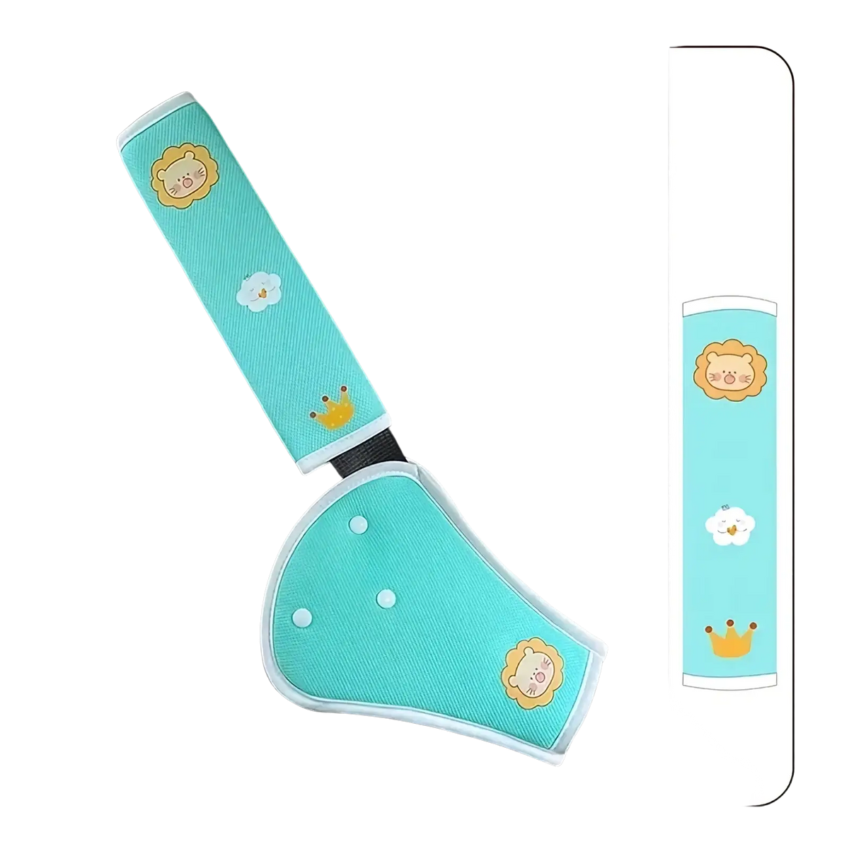 Kids car seat belt cover in turquoise soft fabric with cute lion and cloud pattern for child safety comfort