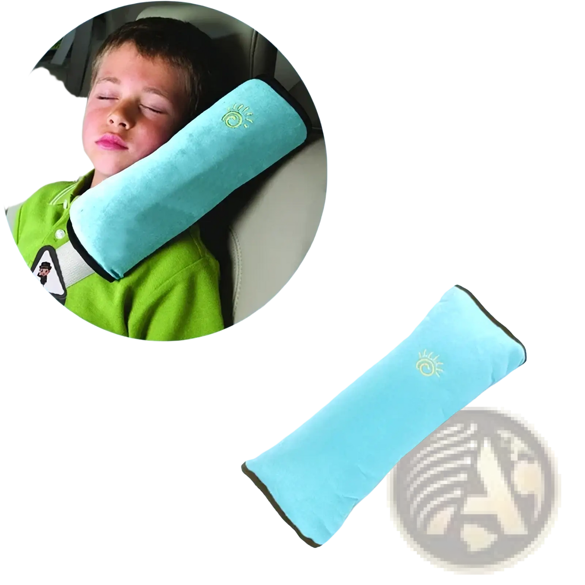 Light blue plush kids car seat belt shoulder pad with a small embroidered sun design for comfort and safety