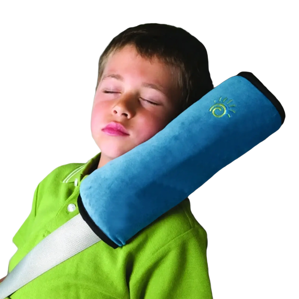 Blue plush kids car seat belt pillow with black trim and green embroidered sun logo for neck and shoulder comfort