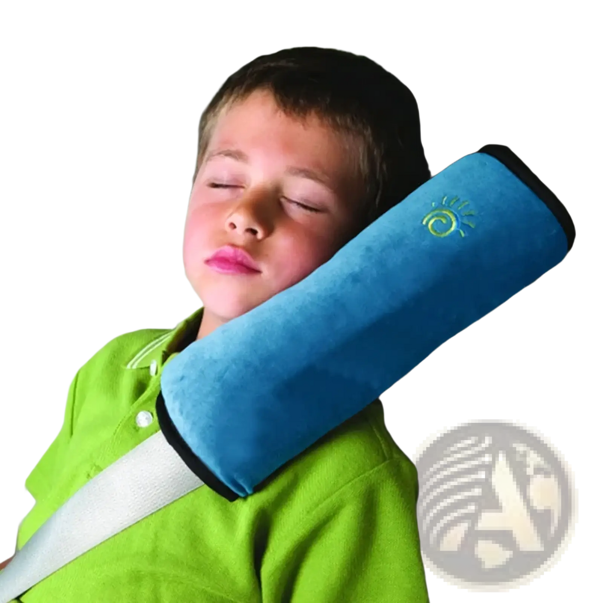 Blue plush kids car seat belt pillow with black trim and green embroidered sun logo for neck and shoulder comfort
