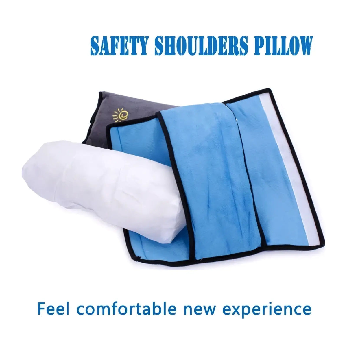 Kids car seat belt pillow and shoulder cushion in blue with black trim and white inner cushion for travel comfort