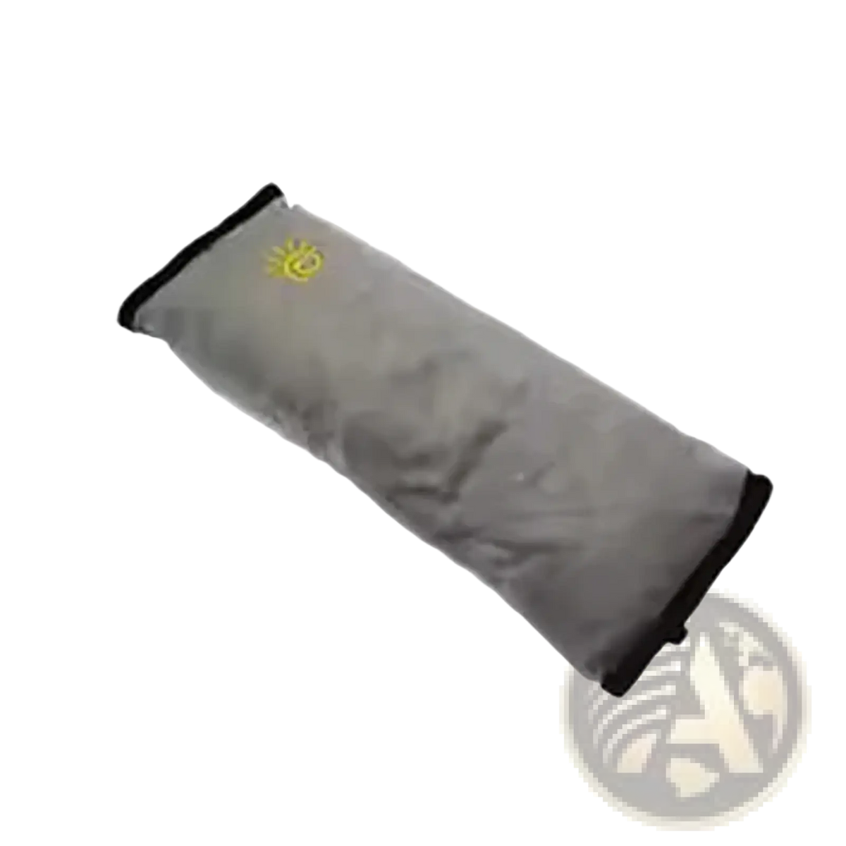 Gray plush kids car seat belt pillow and shoulder cushion with black trim and yellow sun logo for comfort and support