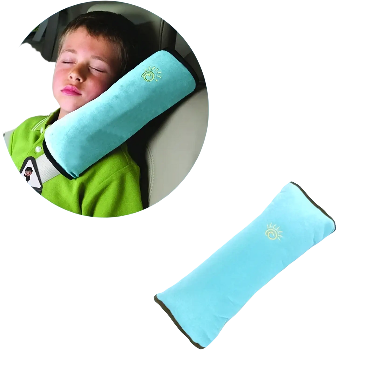 Light blue plush kids car seat belt shoulder pad with a small embroidered sun design for comfort and safety