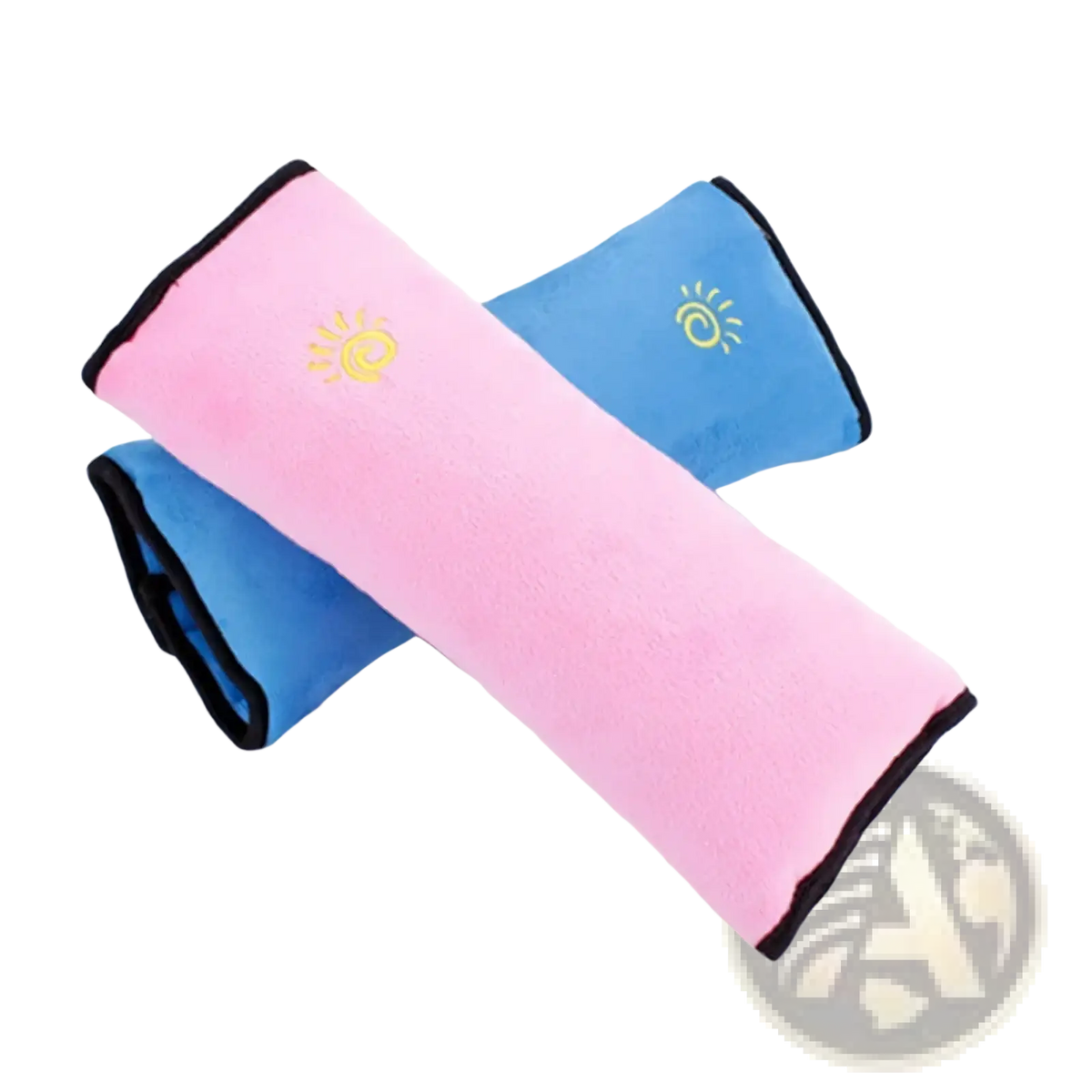 Kids car seat belt pillow and shoulder cushion with pink and blue plush covers featuring embroidered sun designs