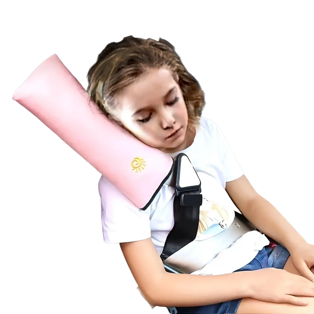 Pink padded kids car seat belt pillow and shoulder cushion with small embroidered sun design