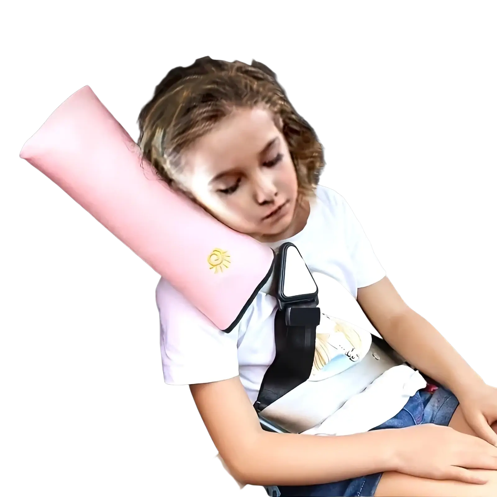 Pink padded kids car seat belt pillow and shoulder cushion with small embroidered sun design