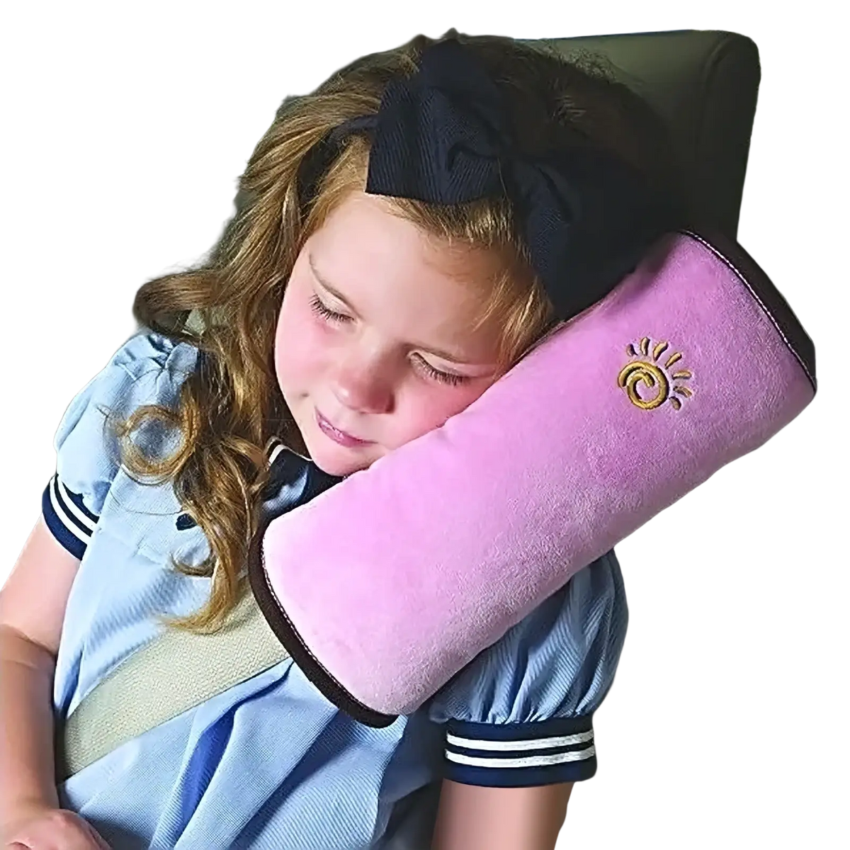 Pink plush kids car seat belt pillow and shoulder cushion with gold embroidered sun design for car comfort and support
