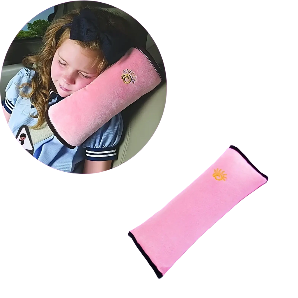 Kids car seat belt pillow and shoulder cushion pink plush with black trim and small embroidered sun design