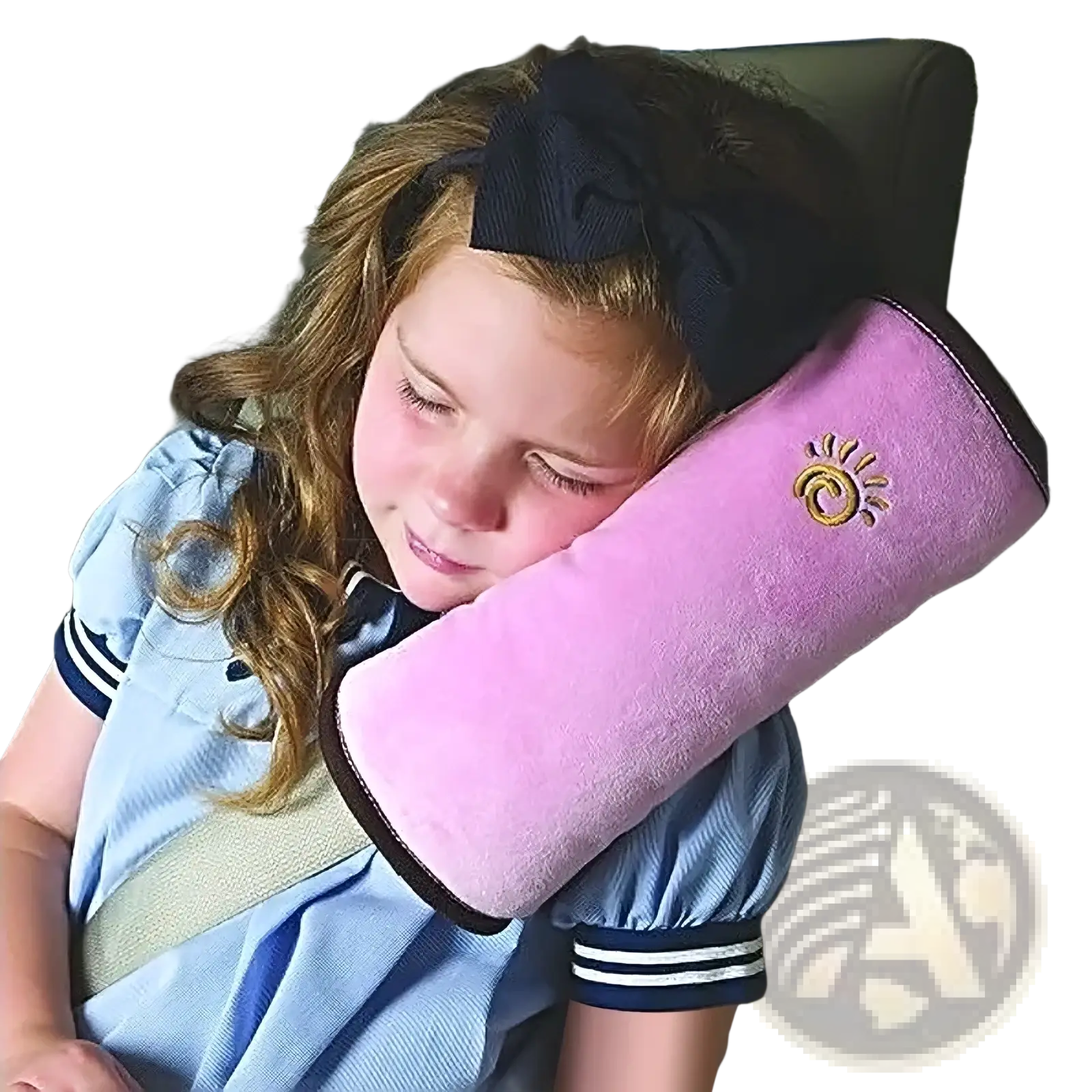 Pink plush kids car seat belt pillow and shoulder cushion with gold embroidered sun design for car comfort and support