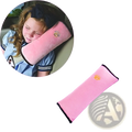 Kids car seat belt pillow and shoulder cushion pink plush with black trim and small embroidered sun design