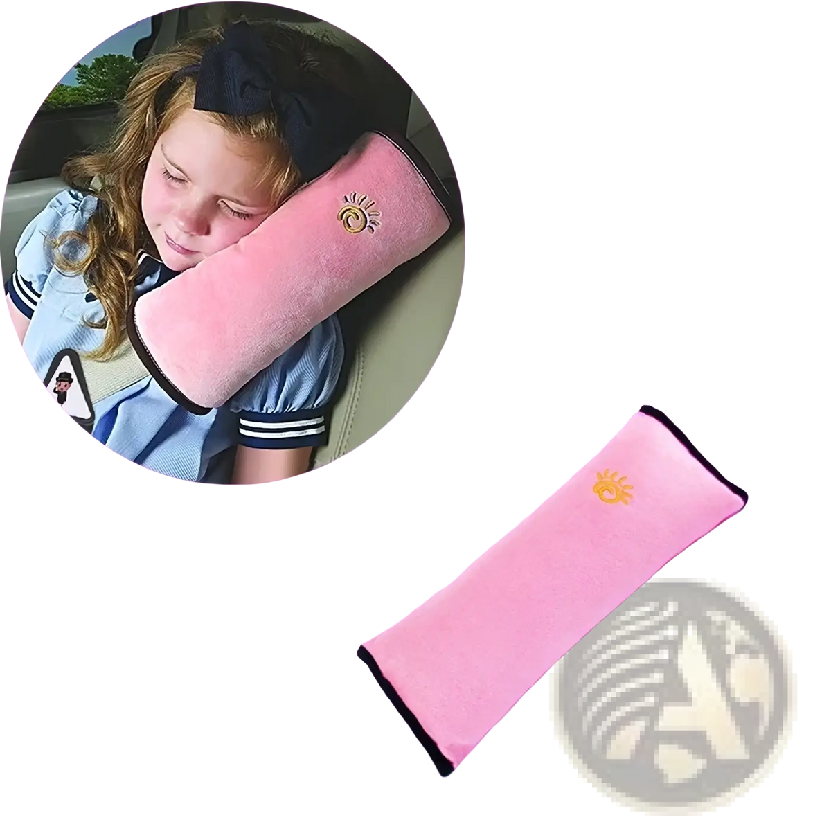 Kids car seat belt pillow and shoulder cushion pink plush with black trim and small embroidered sun design