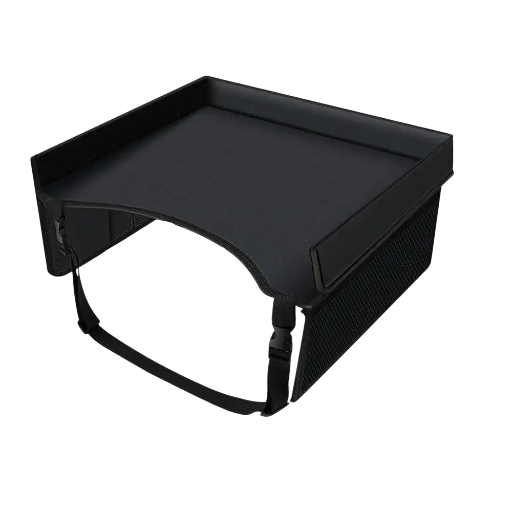 Black kids car seat travel tray lap desk organizer with mesh side panel and adjustable straps shown from the back side