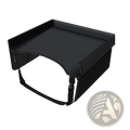 Black kids car seat travel tray lap desk organizer with mesh side panel and adjustable straps shown from the back side