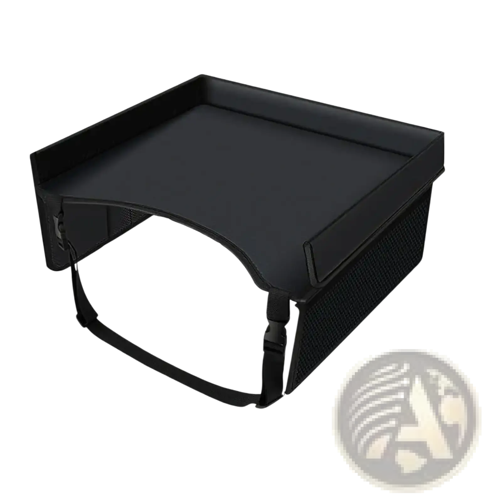 Black kids car seat travel tray lap desk organizer with mesh side panel and adjustable straps shown from the back side