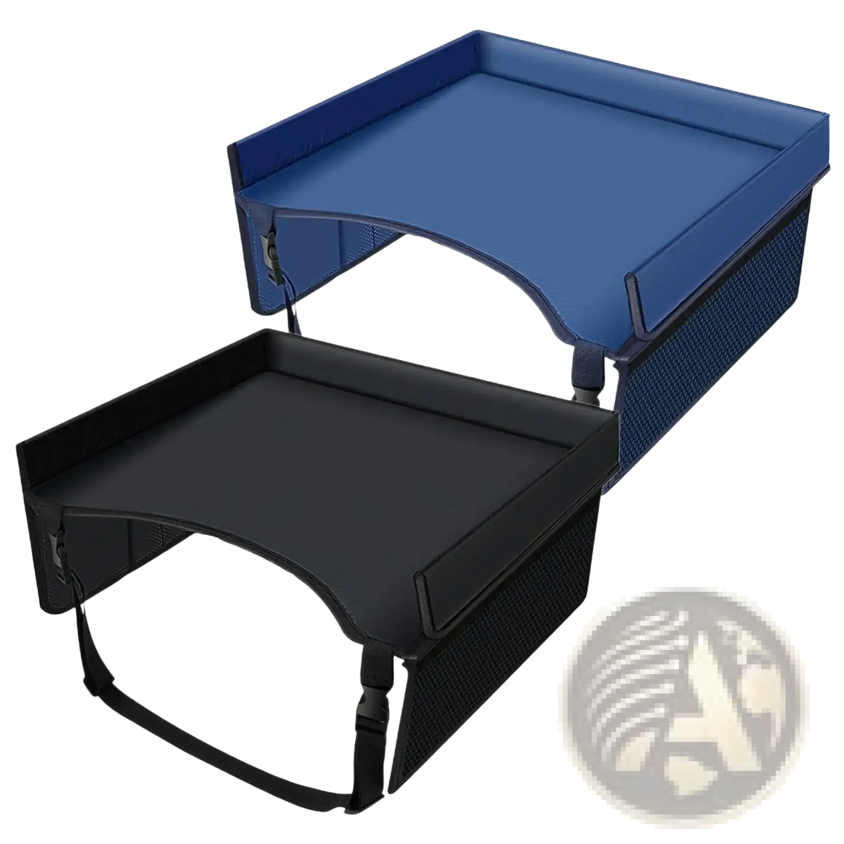 Blue and black kids car seat travel tray lap desk organizer with mesh sides and adjustable straps for secure use