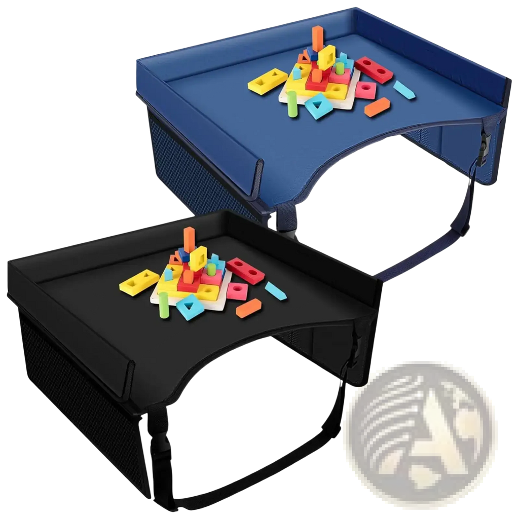 Blue and black kids car seat travel tray lap desk organizer with mesh sides and adjustable straps for easy attachment