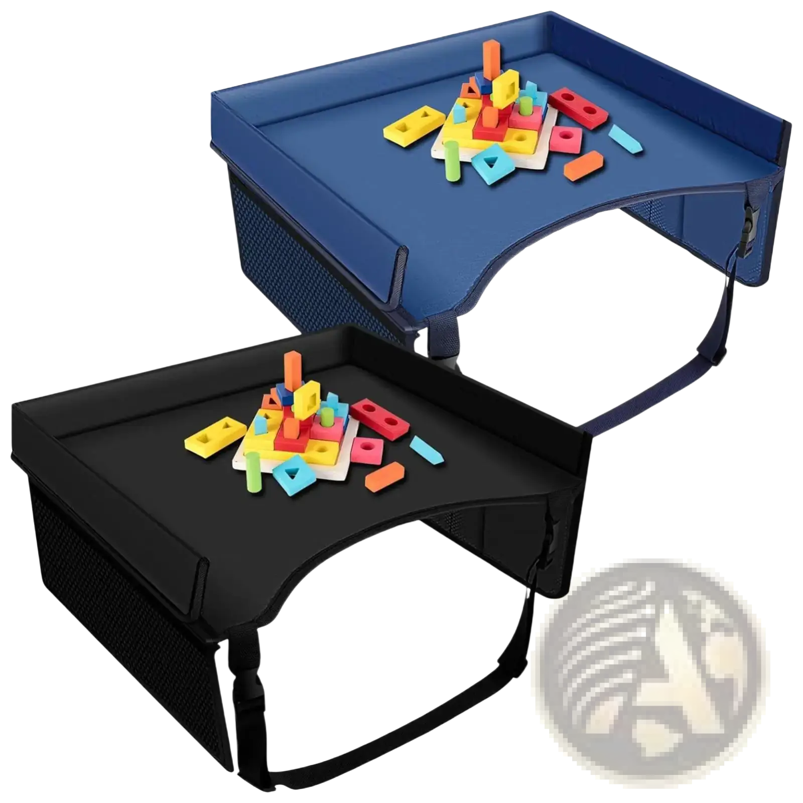 Blue and black kids car seat travel tray lap desk organizer with mesh sides and adjustable straps for easy attachment