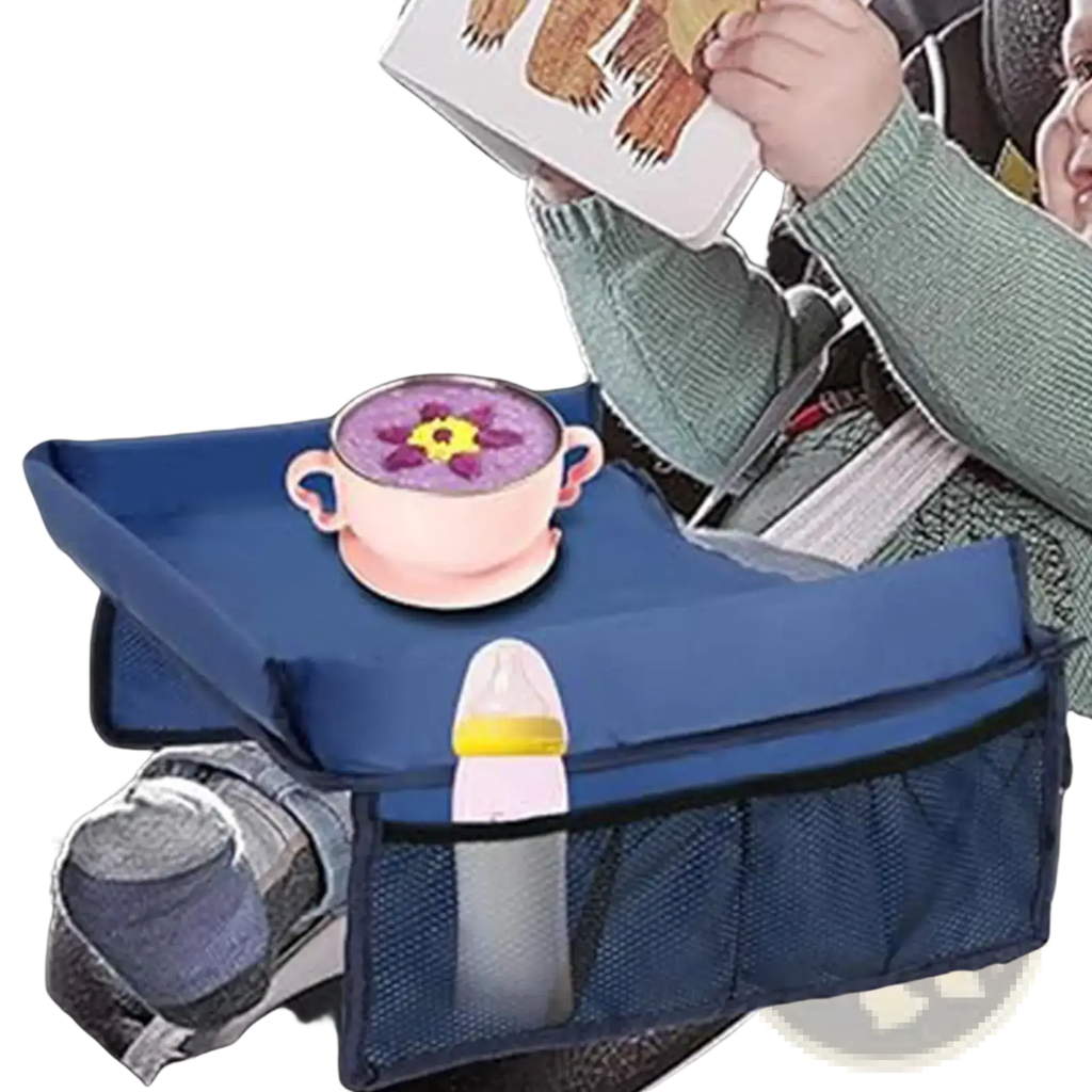 Blue fabric kids car seat travel tray lap desk organizer with mesh side pockets holding a baby bottle