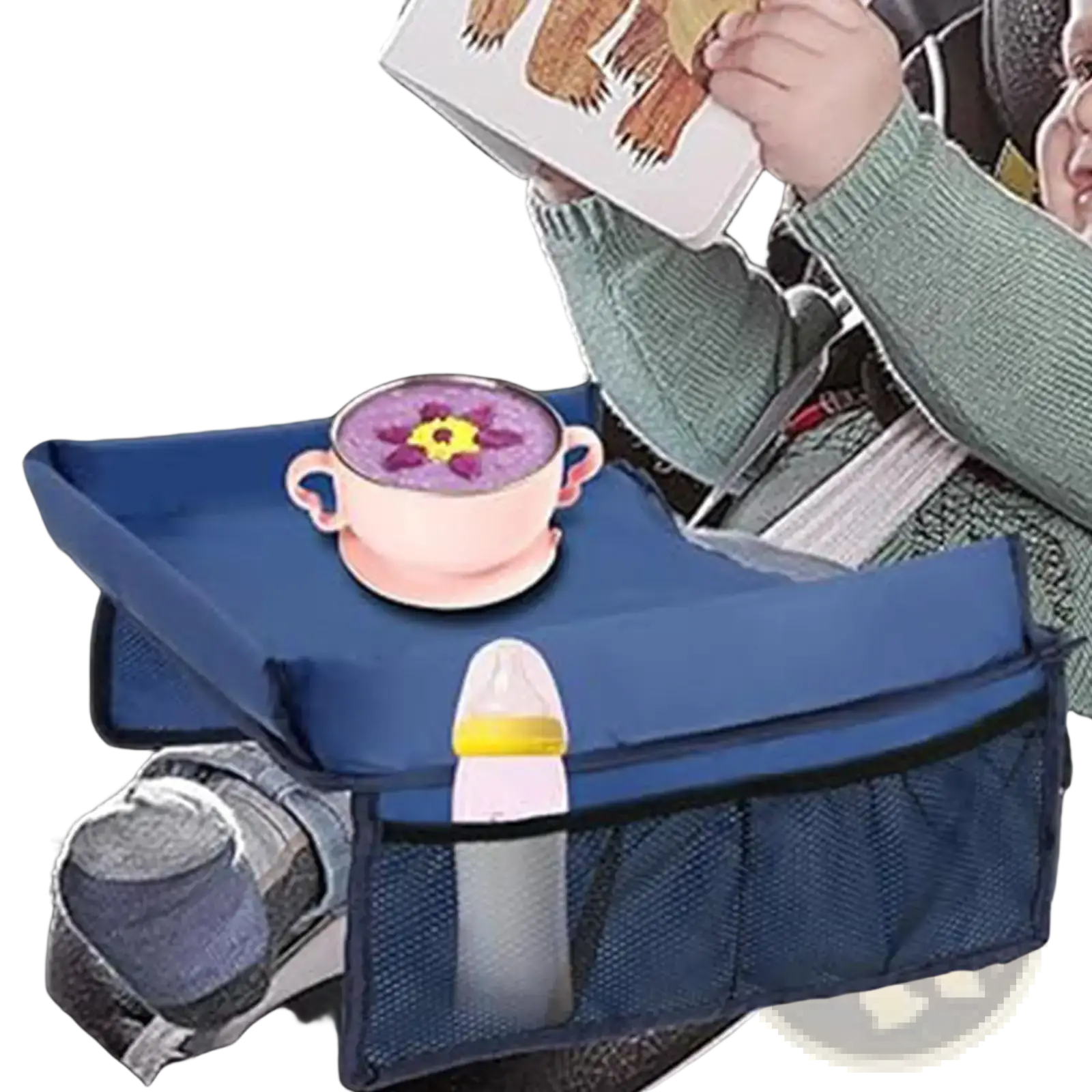Blue fabric kids car seat travel tray lap desk organizer with mesh side pockets holding a baby bottle