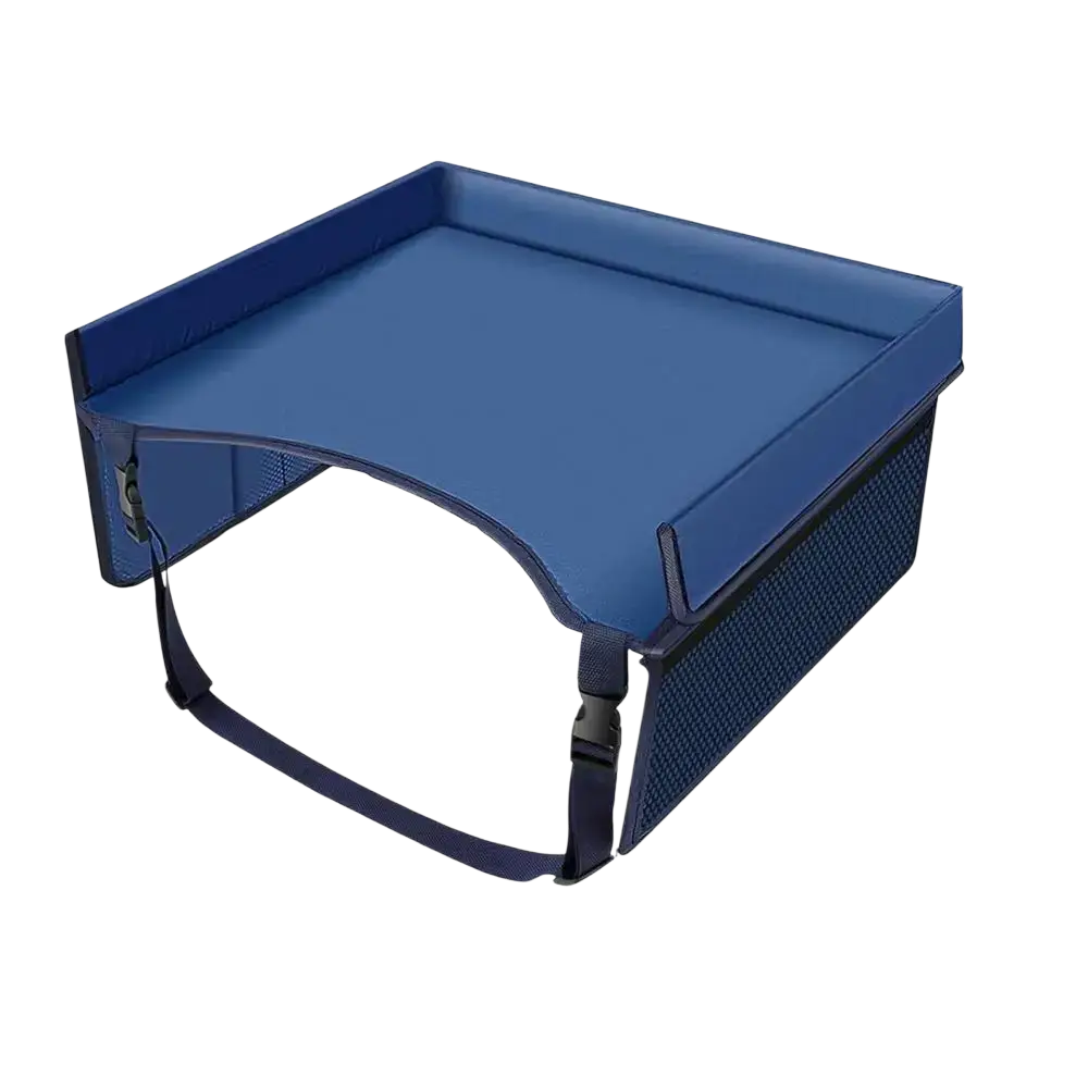 Blue padded kids car seat travel tray lap desk organizer with mesh sides and adjustable straps for secure use