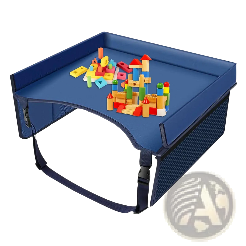 Blue padded kids car seat travel tray lap desk organizer with mesh sides and adjustable straps for secure use