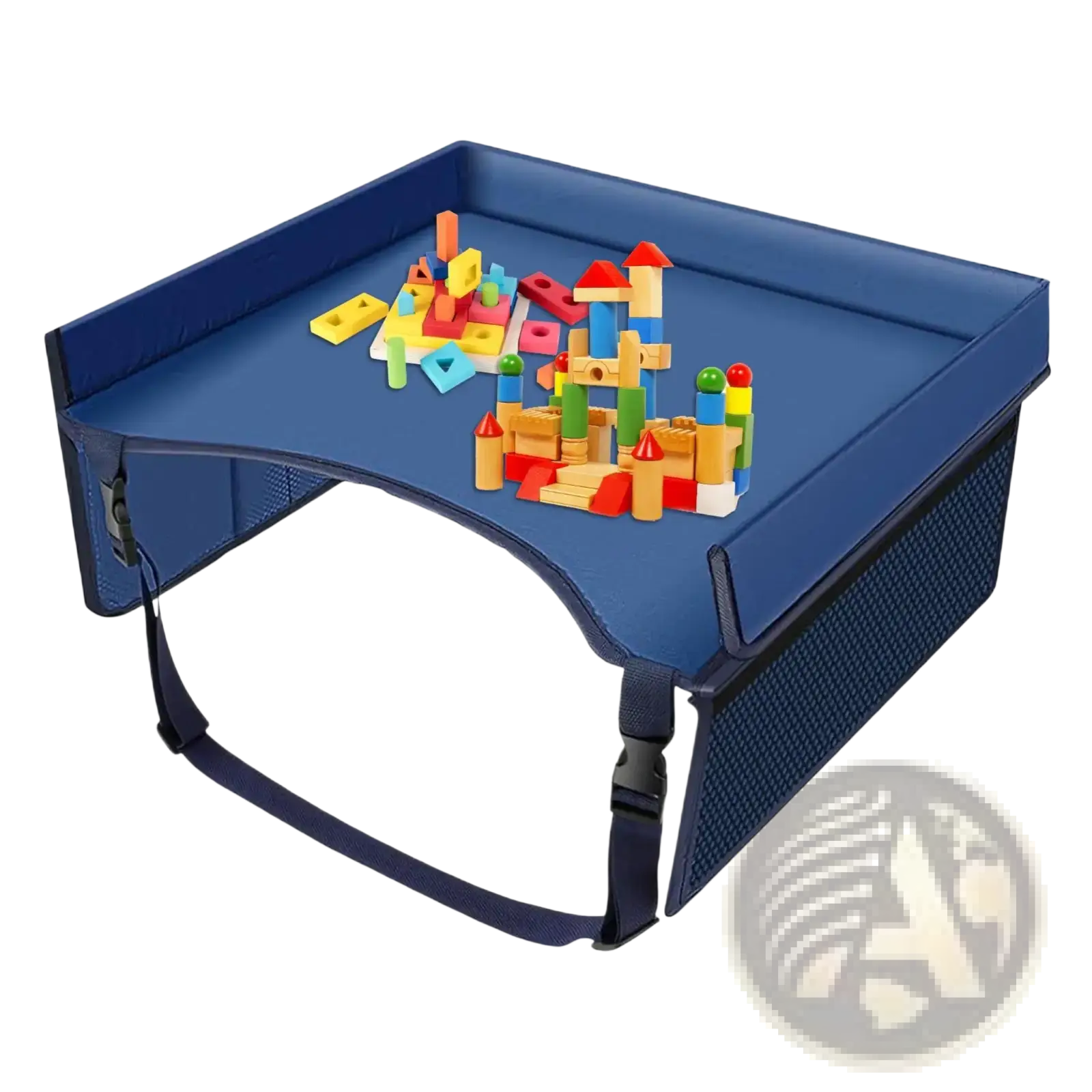 Blue padded kids car seat travel tray lap desk organizer with mesh sides and adjustable straps for secure use