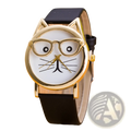Kids cartoon cat face quartz watch with gold-toned cat face, black leather strap, and glasses design