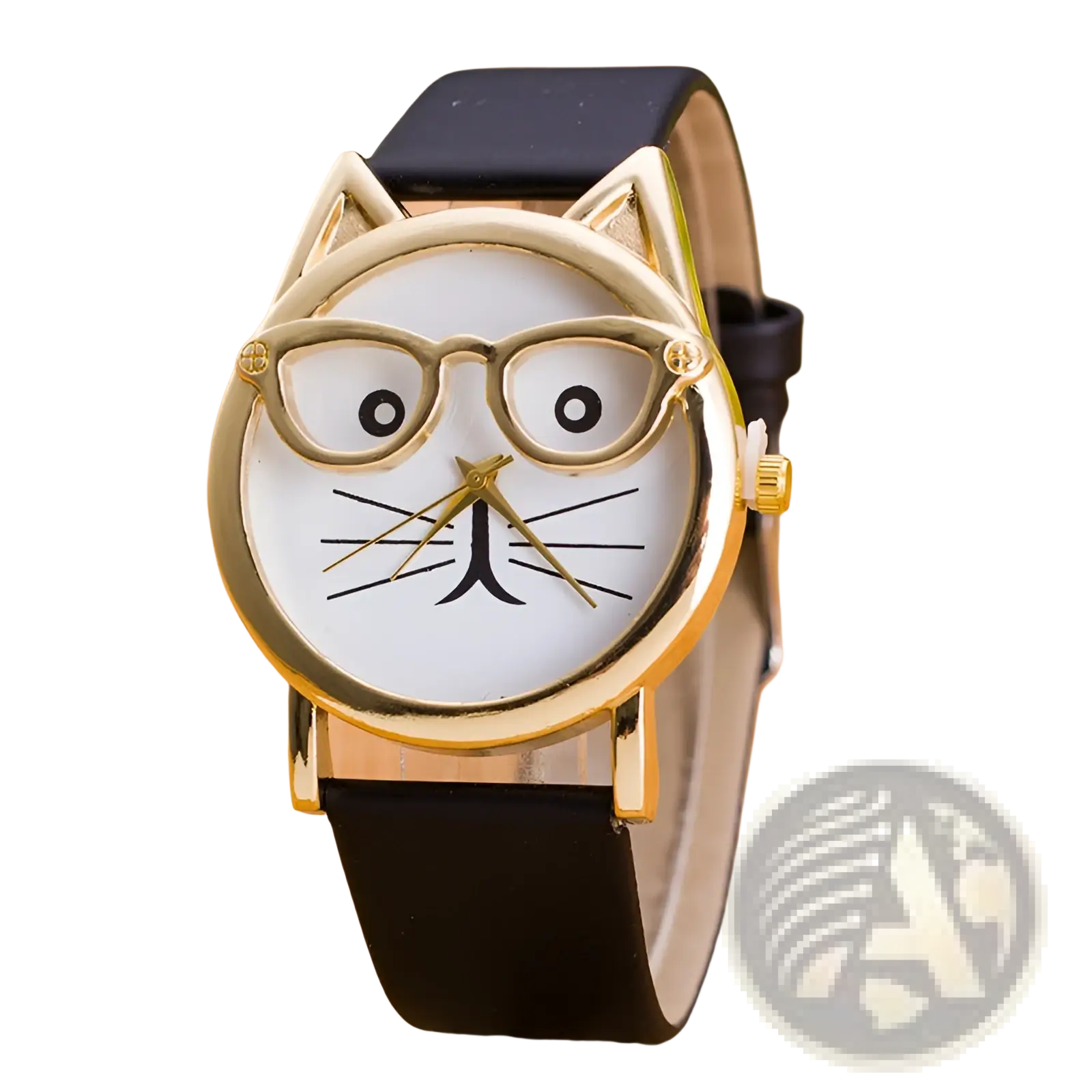 Kids cartoon cat face quartz watch with gold-toned cat face, black leather strap, and glasses design