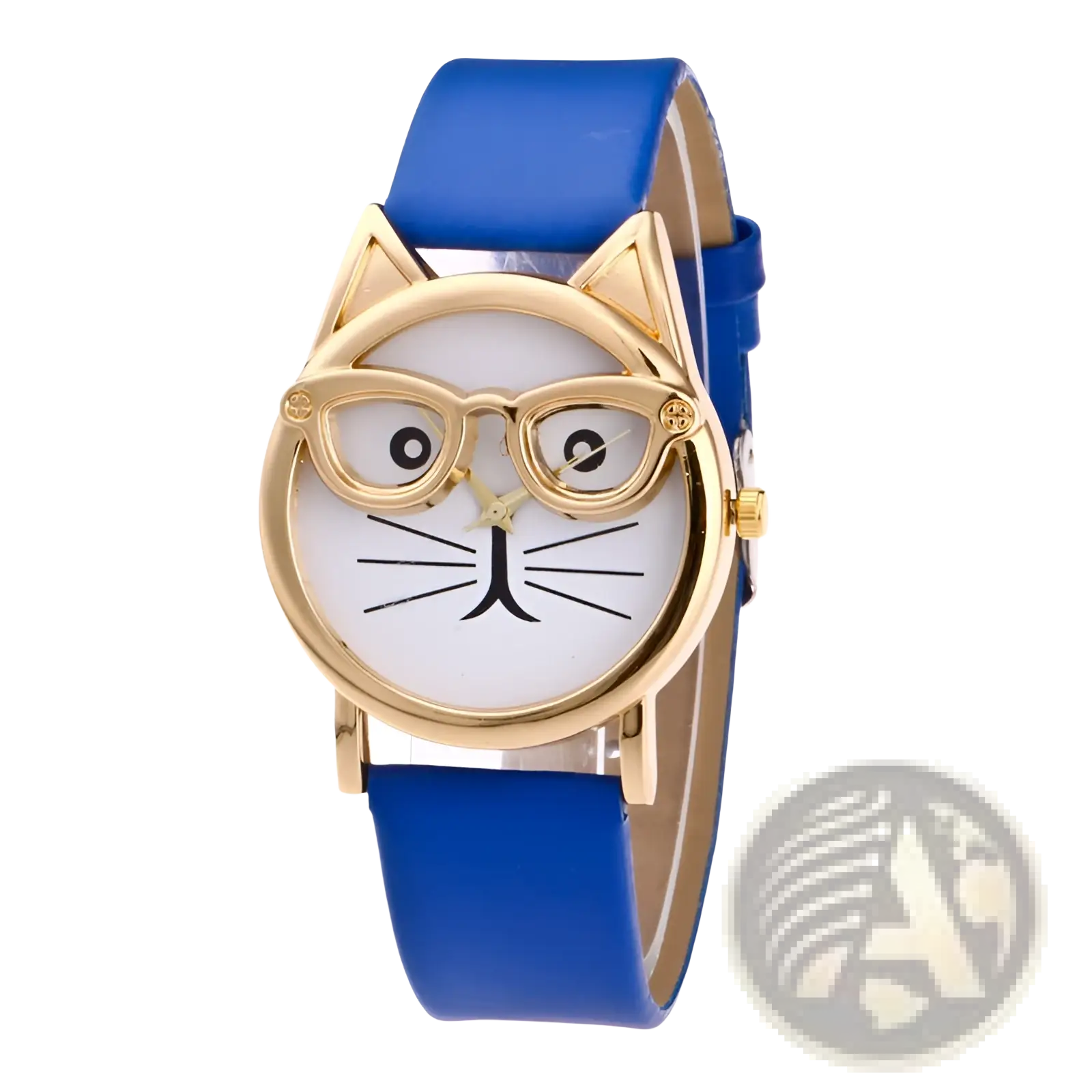Kids cartoon cat face quartz watch with a blue cat face, gold-rimmed glasses, and a white dial