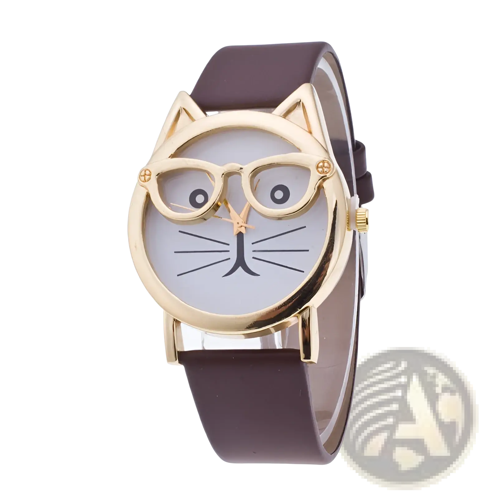 Kids cartoon cat face quartz watch with gold frame white dial black whiskers glasses and brown leather strap