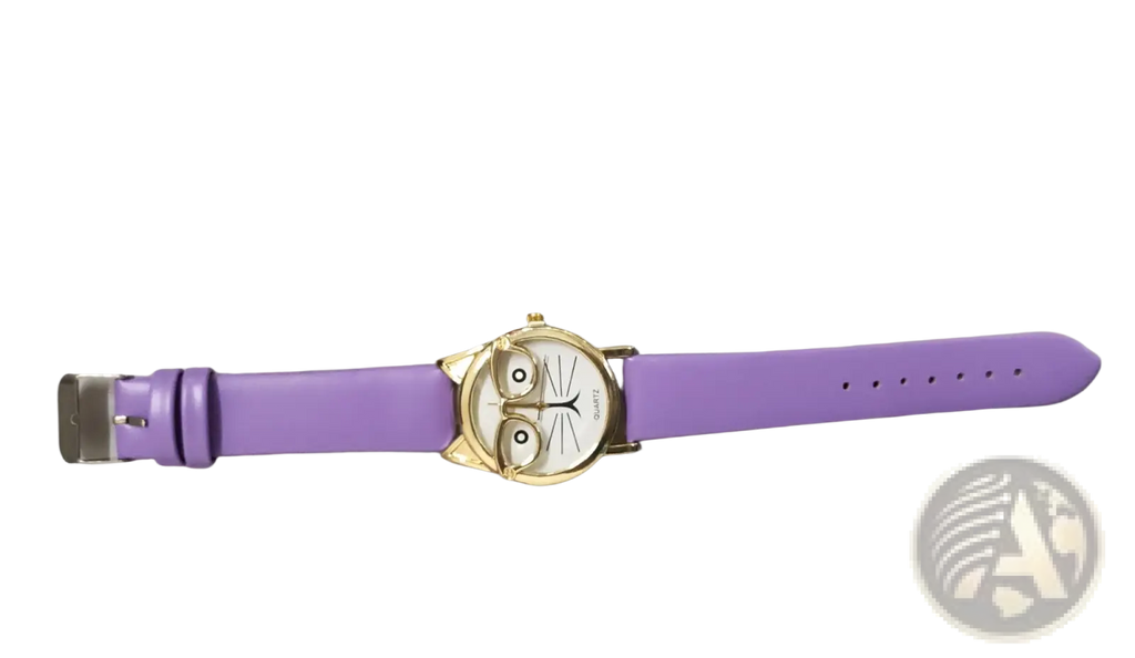 Kids cartoon cat face quartz watch with purple dial and gold-toned case and matching strap for children