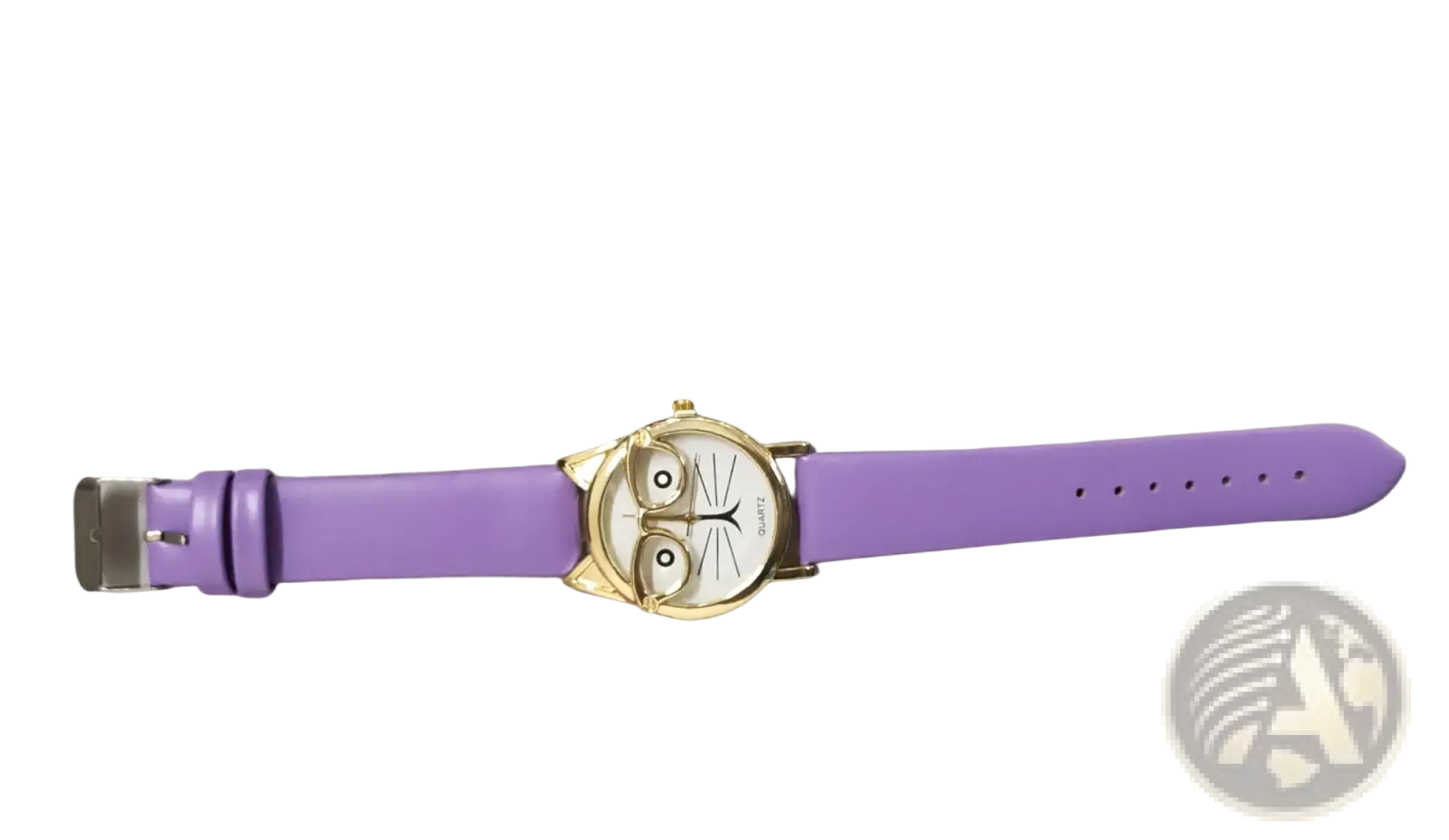 Kids cartoon cat face quartz watch with purple dial and gold-toned case and matching strap for children