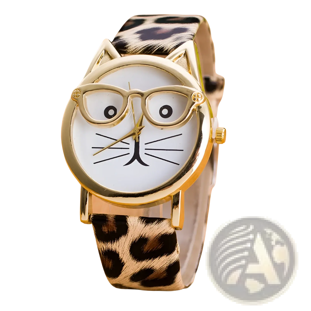 Kids cartoon cat face quartz watch with gold frame playful cat face and leopard print strap for children