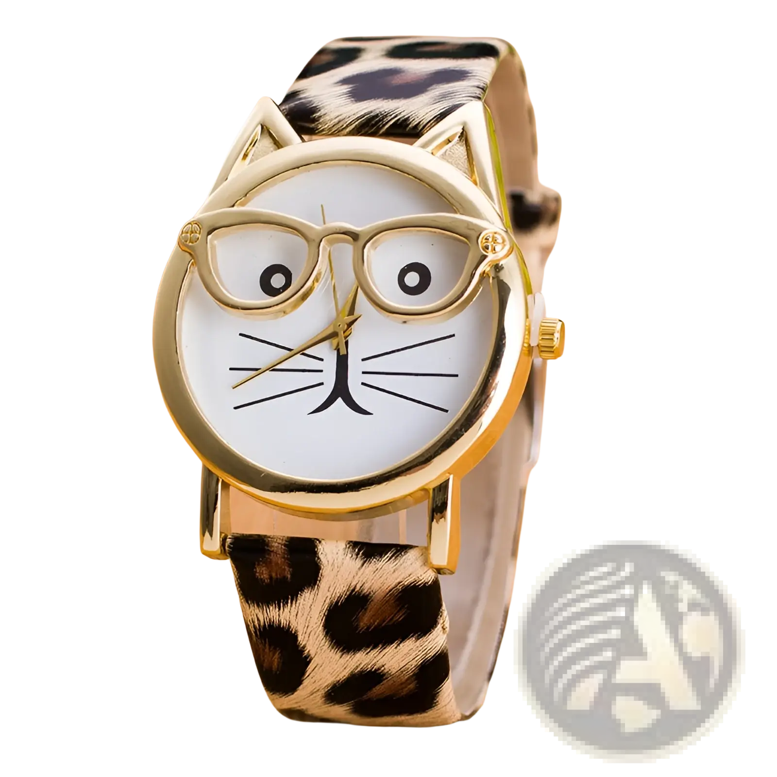 Kids cartoon cat face quartz watch with gold frame, playful cat design, gold-toned glasses, and leopard-print strap