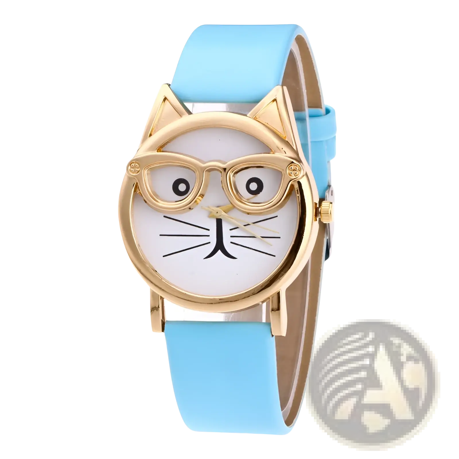 Kids cartoon cat face quartz watch with gold frame featuring a light blue cat design white face and black whiskers