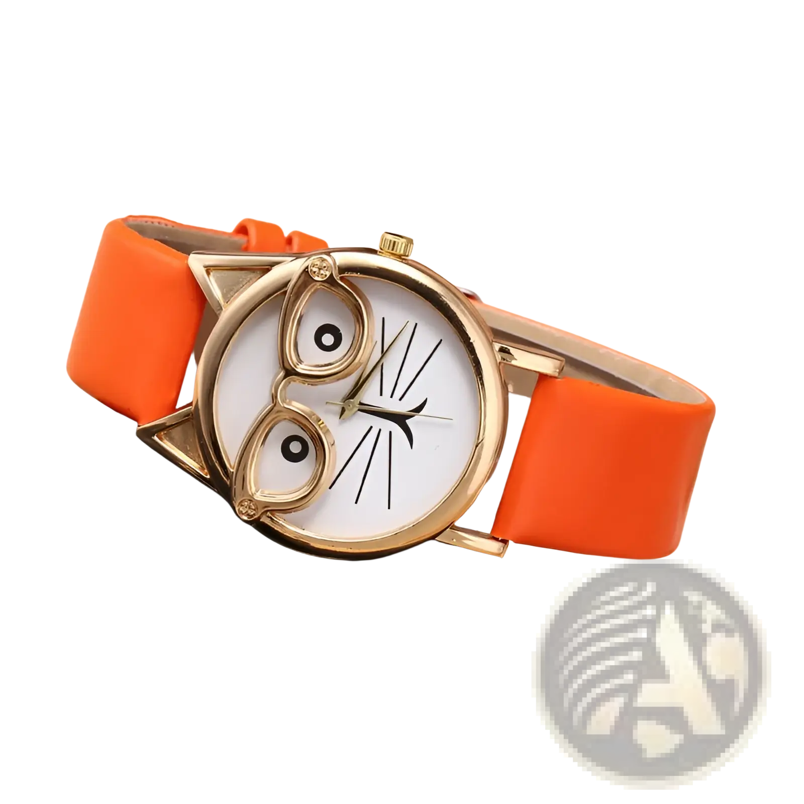 Kids cartoon cat face quartz watch with gold-tone frame and strap featuring an orange cat-themed design