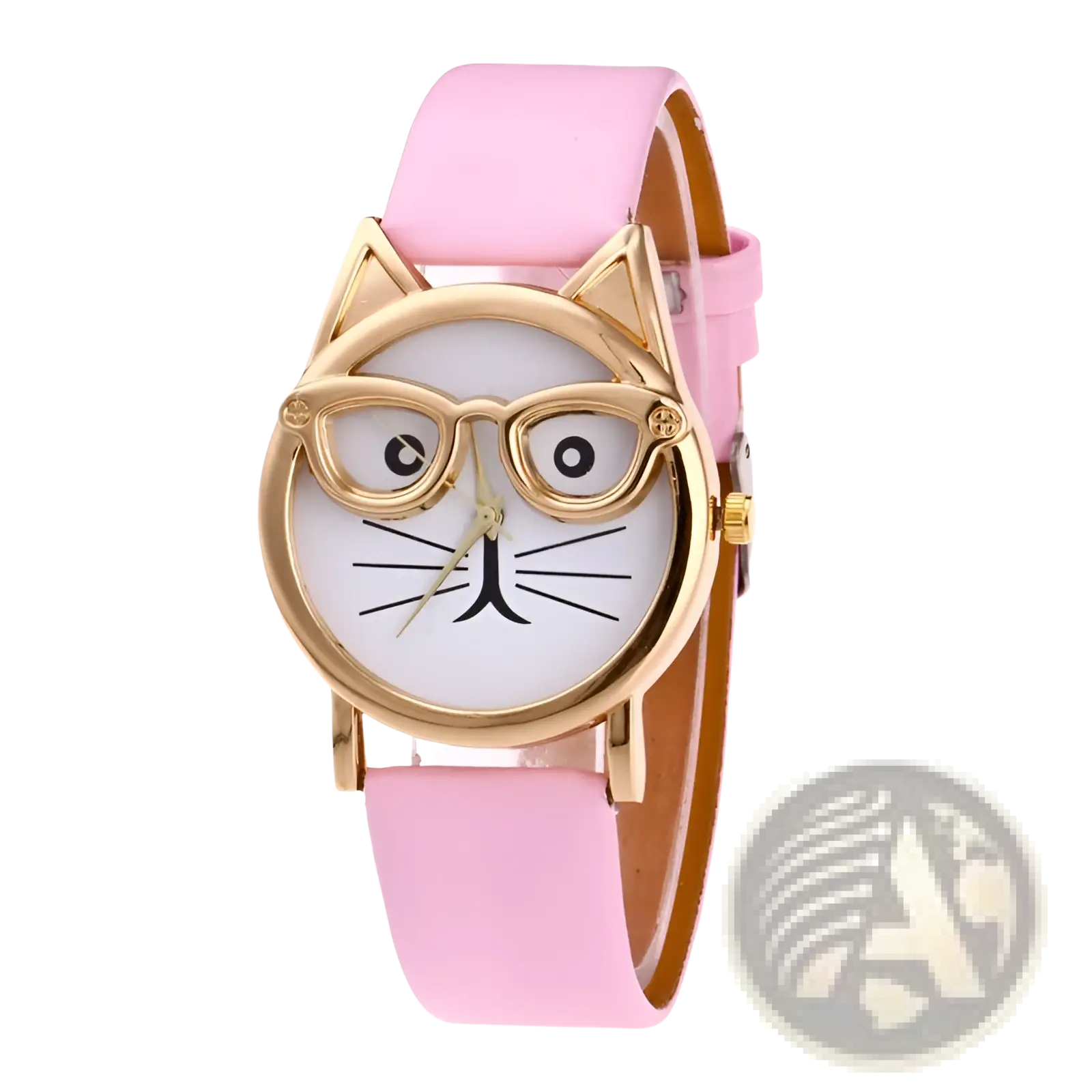 Kids cartoon cat face quartz watch with pink cat-themed dial, gold-tone frame, and decorative glasses for children