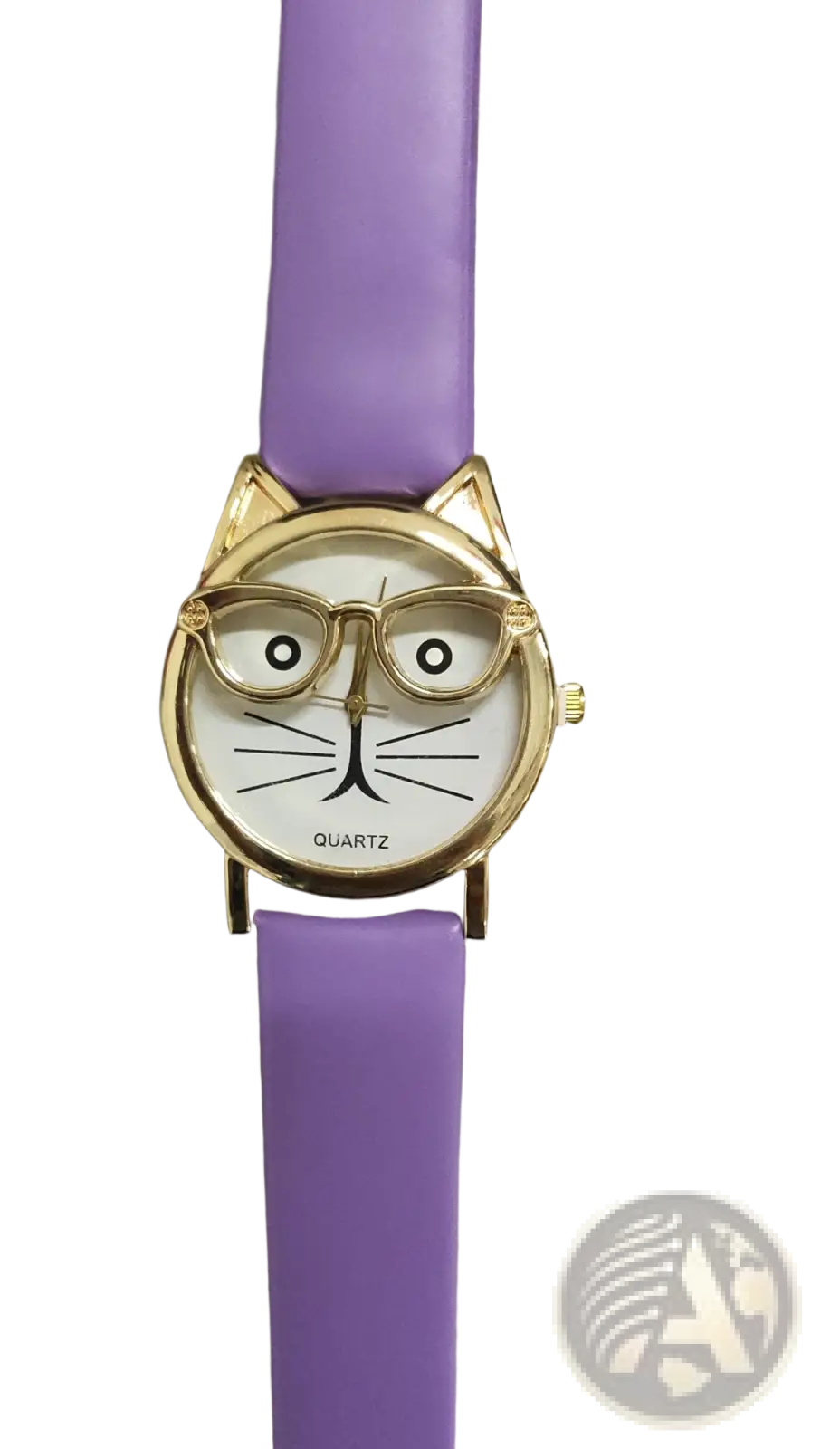 Kids cartoon cat face quartz watch with purple strap gold-toned frame and glasses detail for children