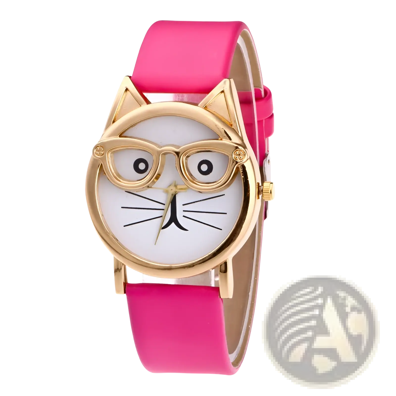 Kids cartoon cat face quartz watch featuring a playful pink design with gold-tone glasses and a white face with black details