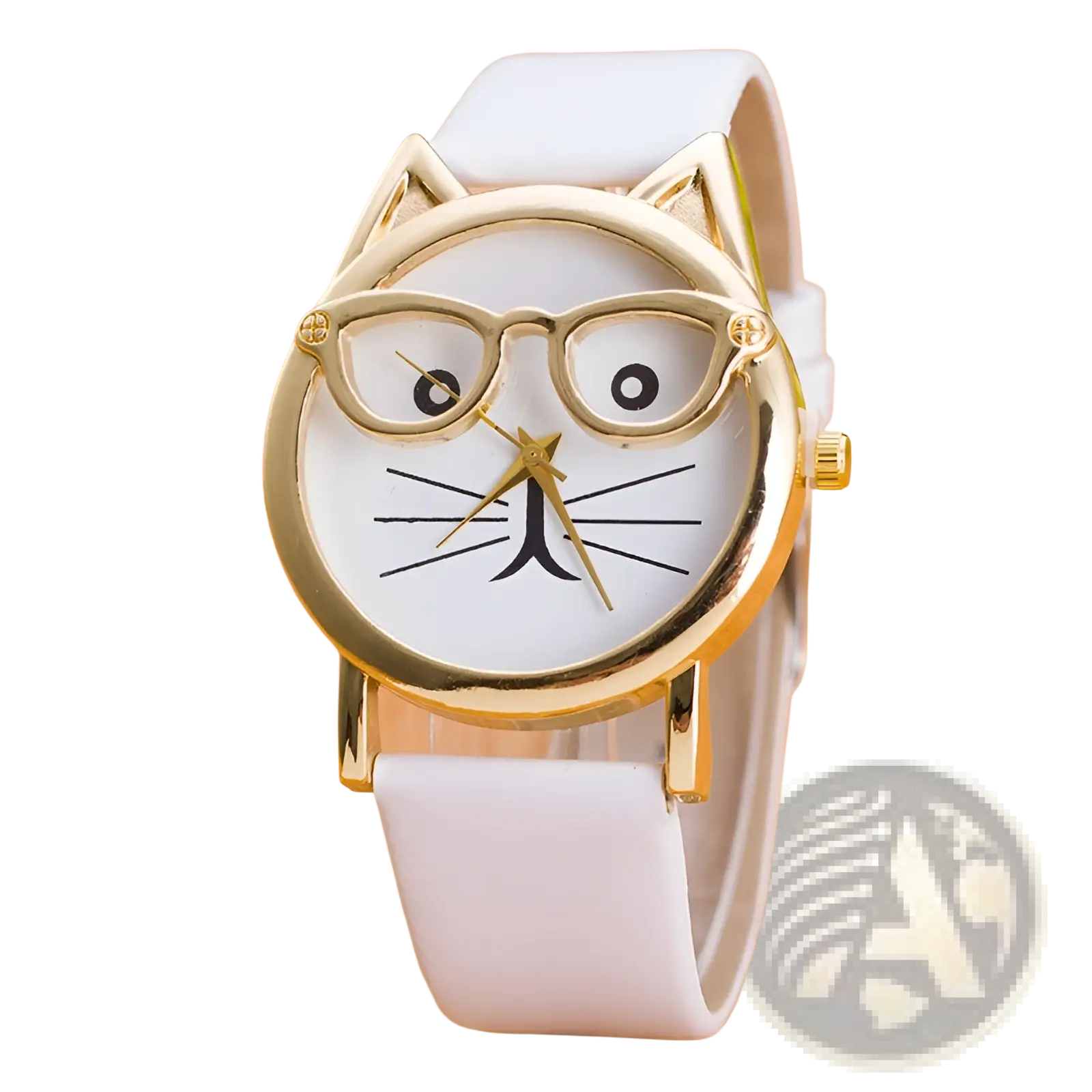 Kids cartoon cat face quartz watch featuring a white cat face with gold-tone glasses and strap in a gold frame