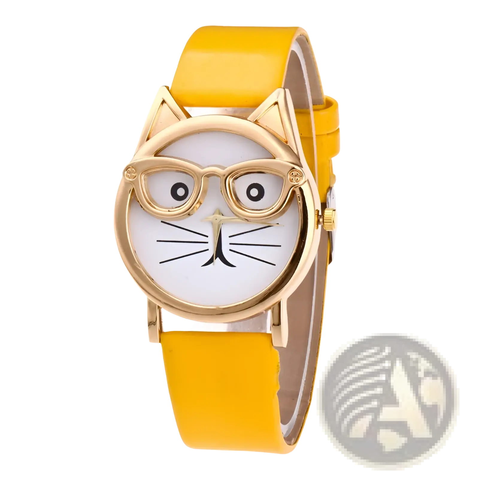 Kids cartoon cat face quartz watch with yellow cat design gold rims white face and gold-rimmed glasses