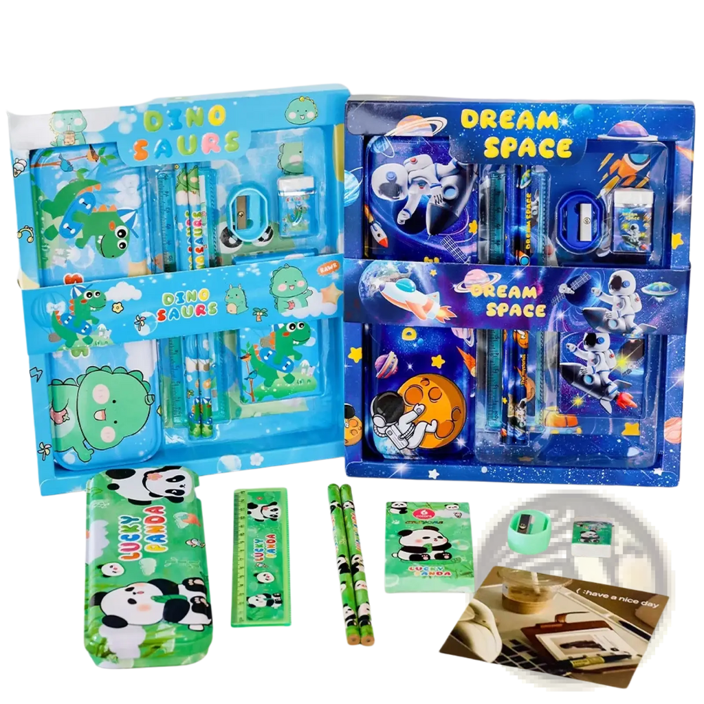 Blue dinosaur-themed kids cartoon stationery set with green dinosaur illustrations and matching school supplies gift kit