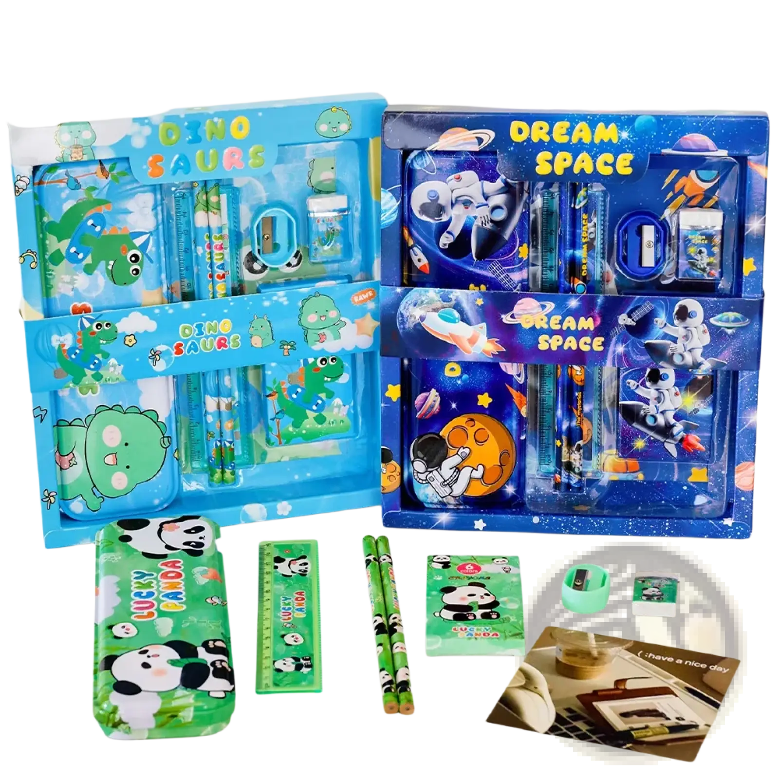 Blue dinosaur-themed kids cartoon stationery set with green dinosaur illustrations and matching school supplies gift kit