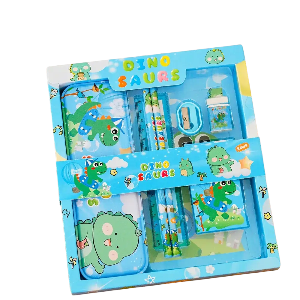 Blue dinosaur-themed school supply kit featuring green cartoon dinosaurs on the pencil case and stationery items
