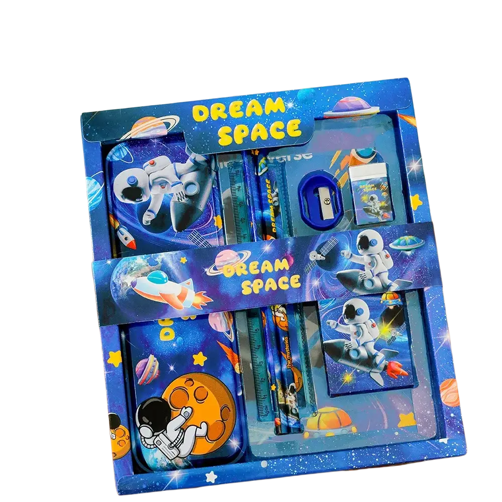 Blue dream space themed kids cartoon stationery set with astronaut designs for school supplies gift kit