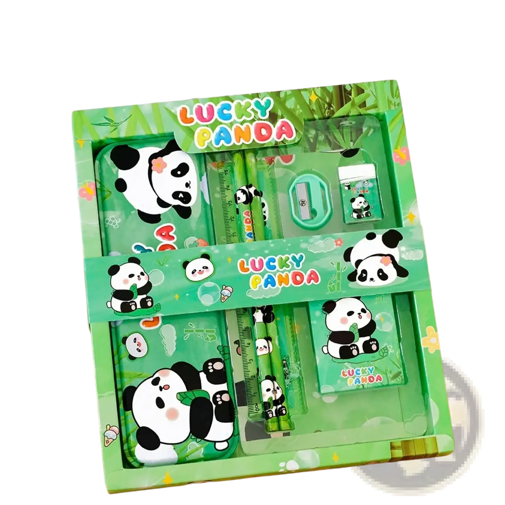 Green lucky panda kids cartoon stationery set with plastic and metal items for school supplies gift kit
